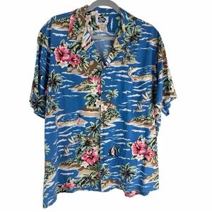 Hilo Hattie Tropical Blue Shirt with Pink Accents